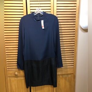 NWT - Theory - Midnight Blue Dress with black leather skirted bottom- Size 4